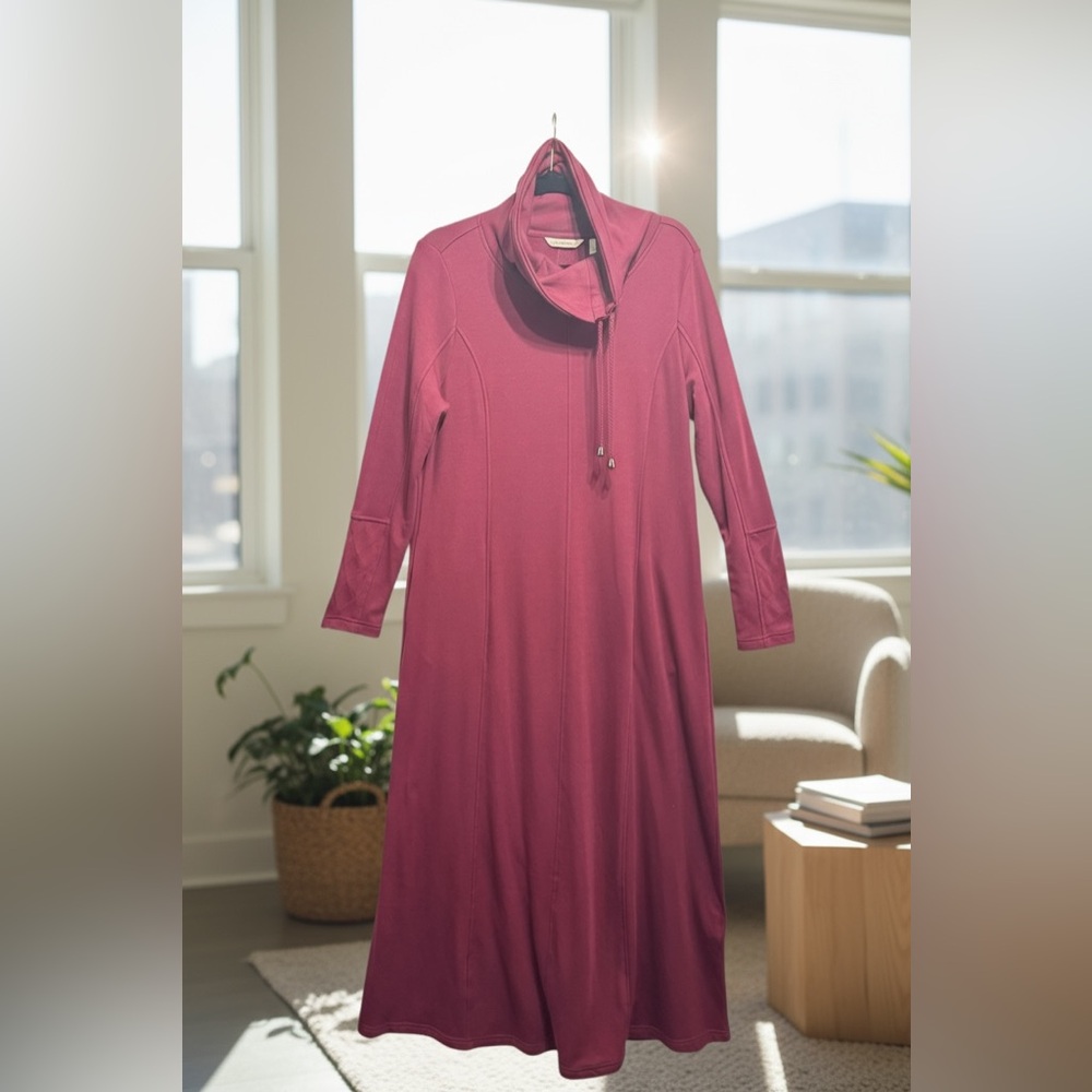 Soft Surroundings Womens Sz‎ L Burgundy Fleece Long Sleeve Cowl Neck Maxi Dress